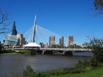 Ein Museum mit Bildungsauftrag mitten in der Stadt Moderne Brücke vor einer Skyline am Fluss