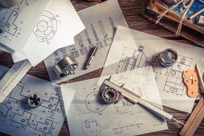 Ein komplettes Studium im Ausland ist genauso arbeitsintensiv wie daheim Holztisch mit Bauzeichnungen und Messgeräten