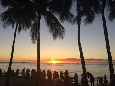 Gänsehautmomente sind im Auslandssemester auf Hawaii inbegriffen. Ein Sonnenuntergang am Strand vor Palmen mit vielen Zuschauern