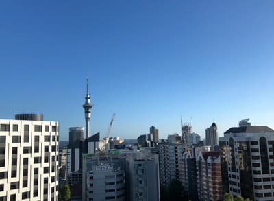 Mittdendrin statt nur dabei! Blick aus dem 15. Stockwerk auf Hochhäuser und den Sky Tower