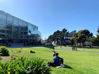 Entspannte Campus-Atmosphäre Studenten auf einer Wiese vor den modernen Gebäuden der SF State.