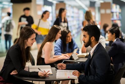 Die UNSW Sydney bietet spannende Einblicke in die juristische Praxis. LLM Studierende der UNSW Sydney in der Bibliothek