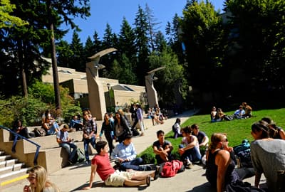 Campus im Grünen Studenten auf einer Wiese der CapU. Im Hintergrund sieht man den Wald.