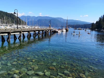 Studium mal ganz anders Steg in Deep Cove. Man sieht Stand-up Paddler auf dem Wasser, Boote und im Hintergrung bewaldete Berge.