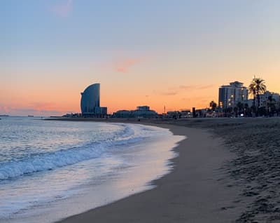 Barcelona überzeugt! Sonnenuntergang am Strand von Barcelona. Am Horizont sind Hochhäuser und Palmen zu sehen.
