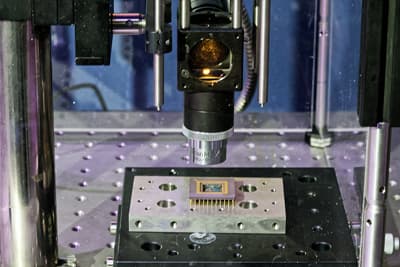 Akademische Weltklasse! Ein MEMS-Chip unter einem optischen Mikroskop