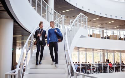 Während deines Studiums in Applied Behaviour Analysis stehst du im engen Kontakt mit deinen Kommilitonen und Dozent*innen. Studierende auf einer Treppe im Hochschulgebäude der Reykjavík University