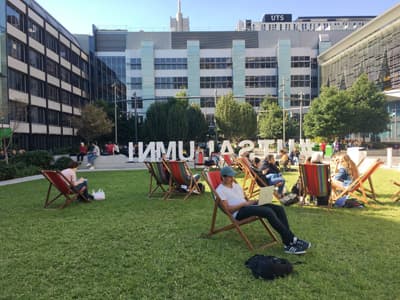 Ein Universitätscampus, auf dessen Rasen verschiedene Liegen platziert wurden, die mit Studierenden gefüllt sind