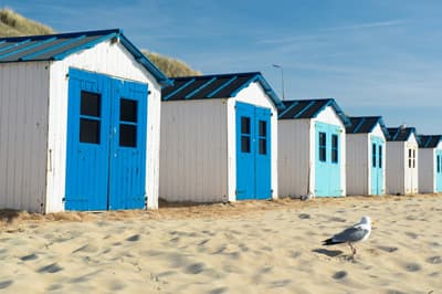Sommer in den Niederlanden weiße Holzhäuser mit blauen Türen am Strand